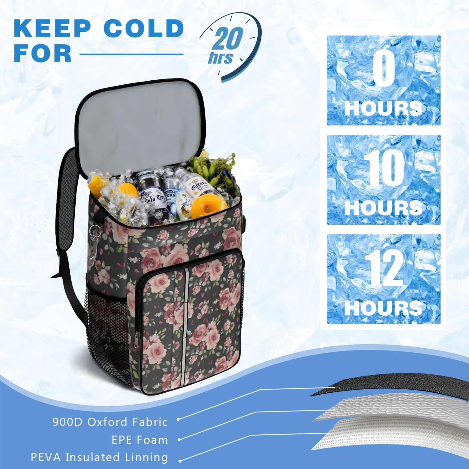 Travel Cooler Bag - Pioneer Flower Floral Print Pattern Camping Beer Cooler Backpack with Bottle Opener- Waterproof Insulated Picnic Backpacks - Cooler Bag for Beach