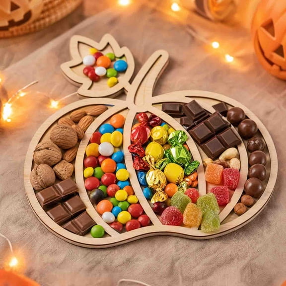 Fmbmuo Halloween Wooden Serving Tray , Pumpkin Shaped Snack Fruit Candy Platter , Decorative Plate For Halloween Party Table Kitch