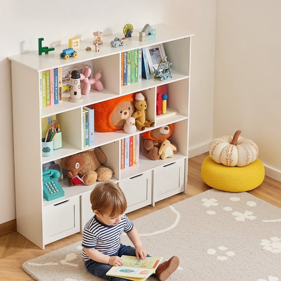 4-Tier Rolling Toy Storage System - White Wooden Bookcase with Drawers for Kids' Room, Entryway