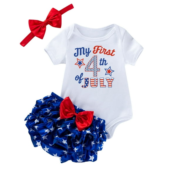 Quealent Baby 4th of July Outfit Girl Baby Girls Outfit Romper   Ruffled Shorts Independence Day Set Red,0-3 Months