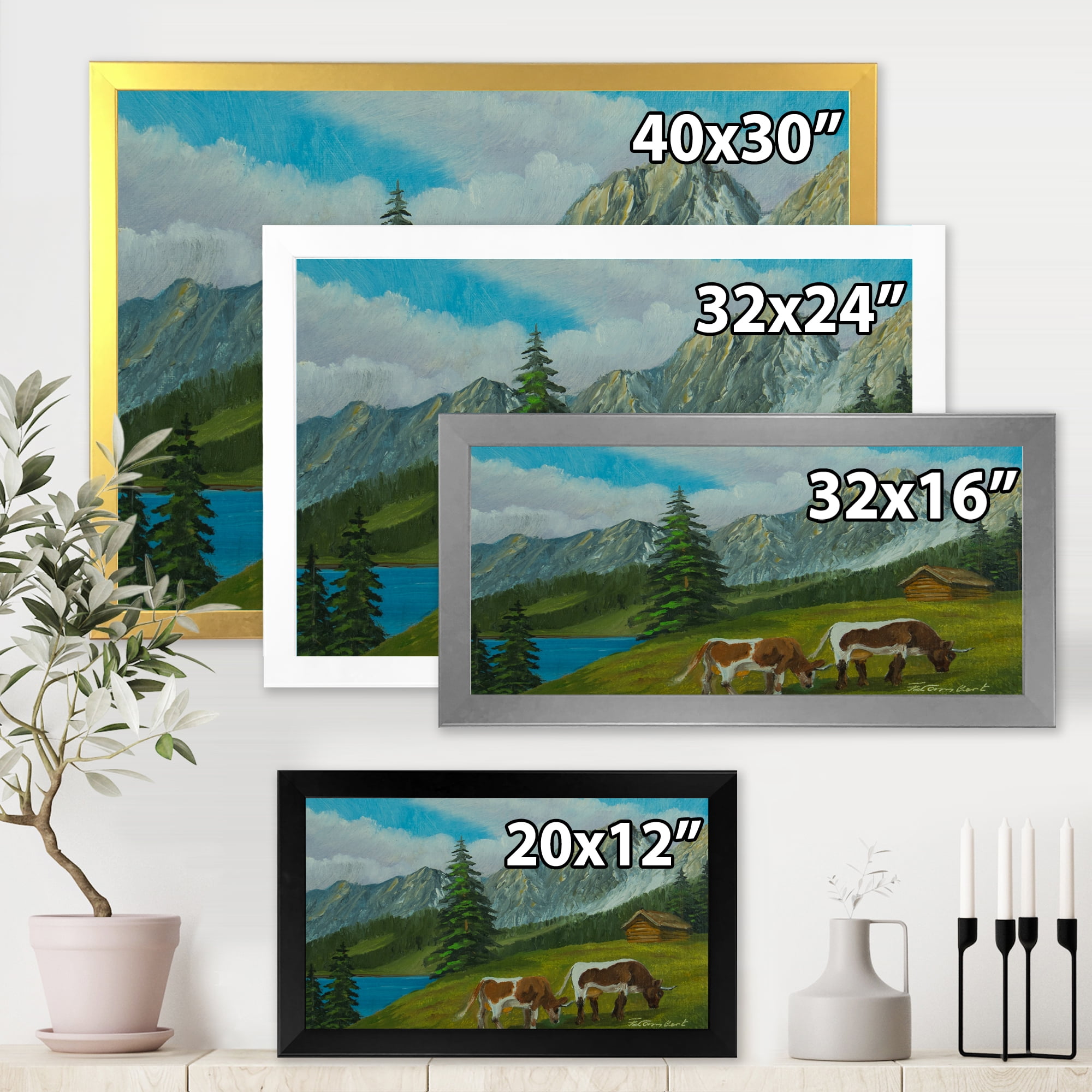 Designart 'Cows On A Green Meadow With Mountain Landscape With ' Farmhouse Framed Art Print