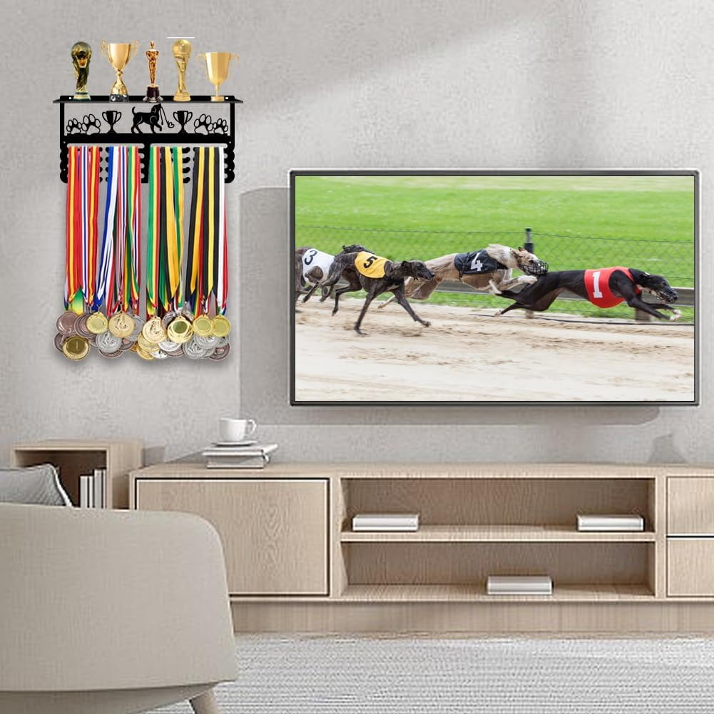 PH Dog Medal Holder Trophy Shelf Organizer Medal Hanging Display Rack Dog Competition Metal Medal Display Personalized Wall Mount Tiered Award Rack Gift for Pet 15.8x7.8inch Colorful