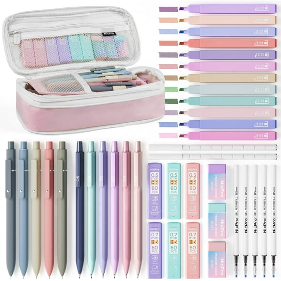 czcpp-39PCS Aesthetic School Supplies with Big Capacity Pink Pen Case, 12 Color Pastel Highlighter, 5 Quick Dry Retractable Black Ink Pen, 6 Pastel Mechanical Pencil 0.5 0.7 mm for Student Stationary