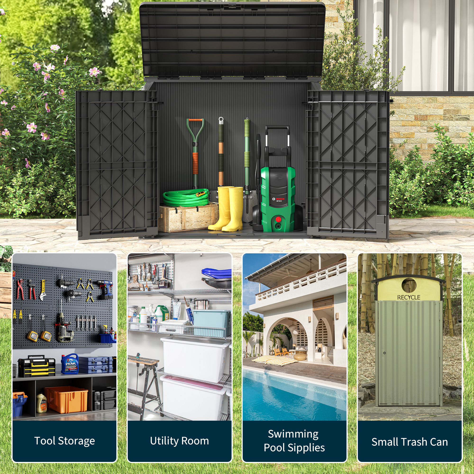 Bifanuo Outdoor Resin Storage Shed 34 Cu.ft Garden Storage Extra Large Capacity Weather Resistant Storage Box, Lockable Resin Waterproof Shed for Bike, Lawnmowe, Garden Tools