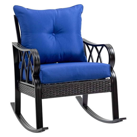 Blue Wicker Rocking Chair - Outdoor Patio Rocker for Garden, Backyard, Porch - Ergonomic Rattan Rocker with Cushions - 352 lbs Capacity