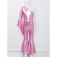 thumbnail image 5 of DPOIS Girl's One Shoulder Metallic Shiny Bell-Bottom Dance Jumpsuit Pink 6, 5 of 7