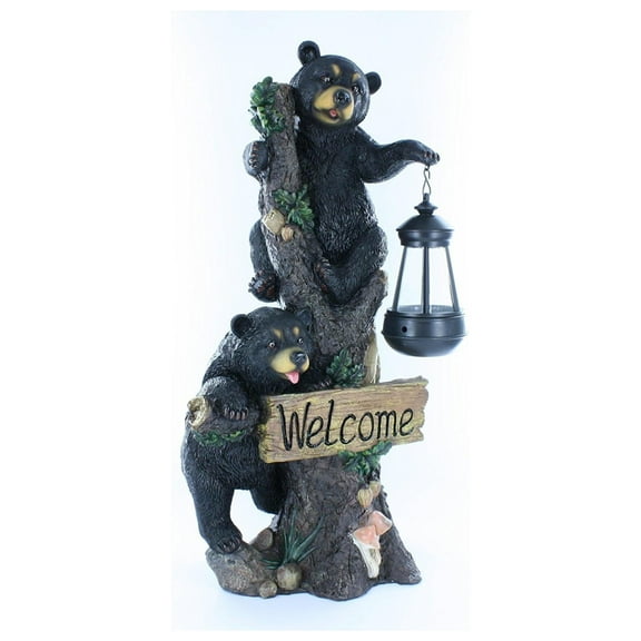 Large Black Bears Welcome Sign / Statue with Solar LED Lantern - Bear Cub Decor
