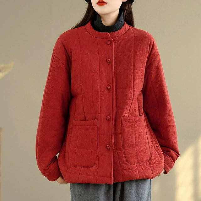 Ailaofu Veste Matelassée pour Femmes Col Rond Boutonnée Légère Matelassée d'Hiver avec Poches