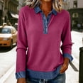 thumbnail image 4 of Sweater with Denim Collar and Cuffs, Yigetop Sweatshirt for Women Long Sleeve Button Collared Denim Shirt Casual Patchwork Knit Pullover Trendy Spring Tops Knitted Denim Shirt Hot Pink, XL, 4 of 5