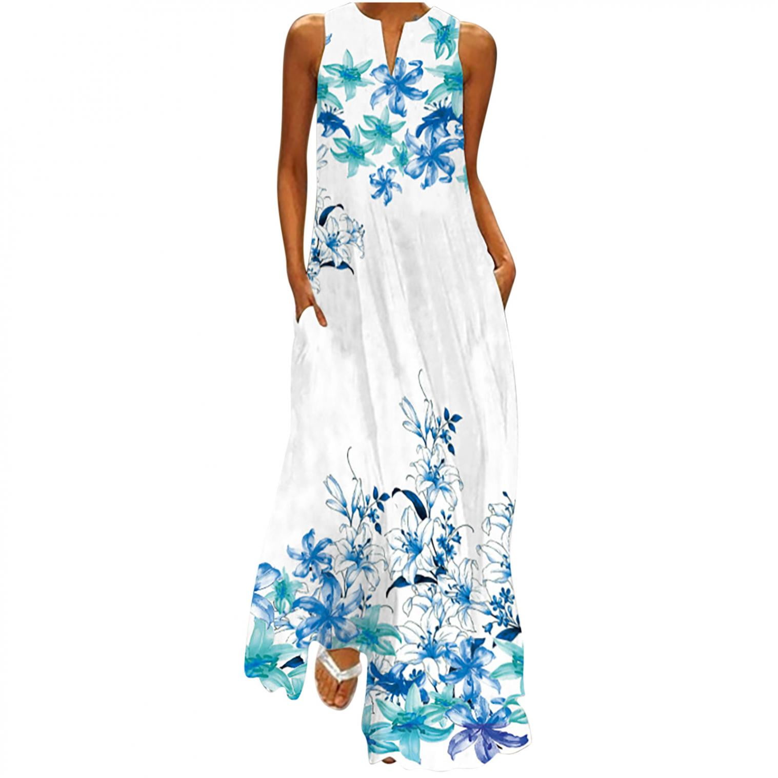 Capreze Women Maxi Dresses Sleeveless Long Dress Crew Neck Summer Beach  Sundress Loose Plain Light Blue M 