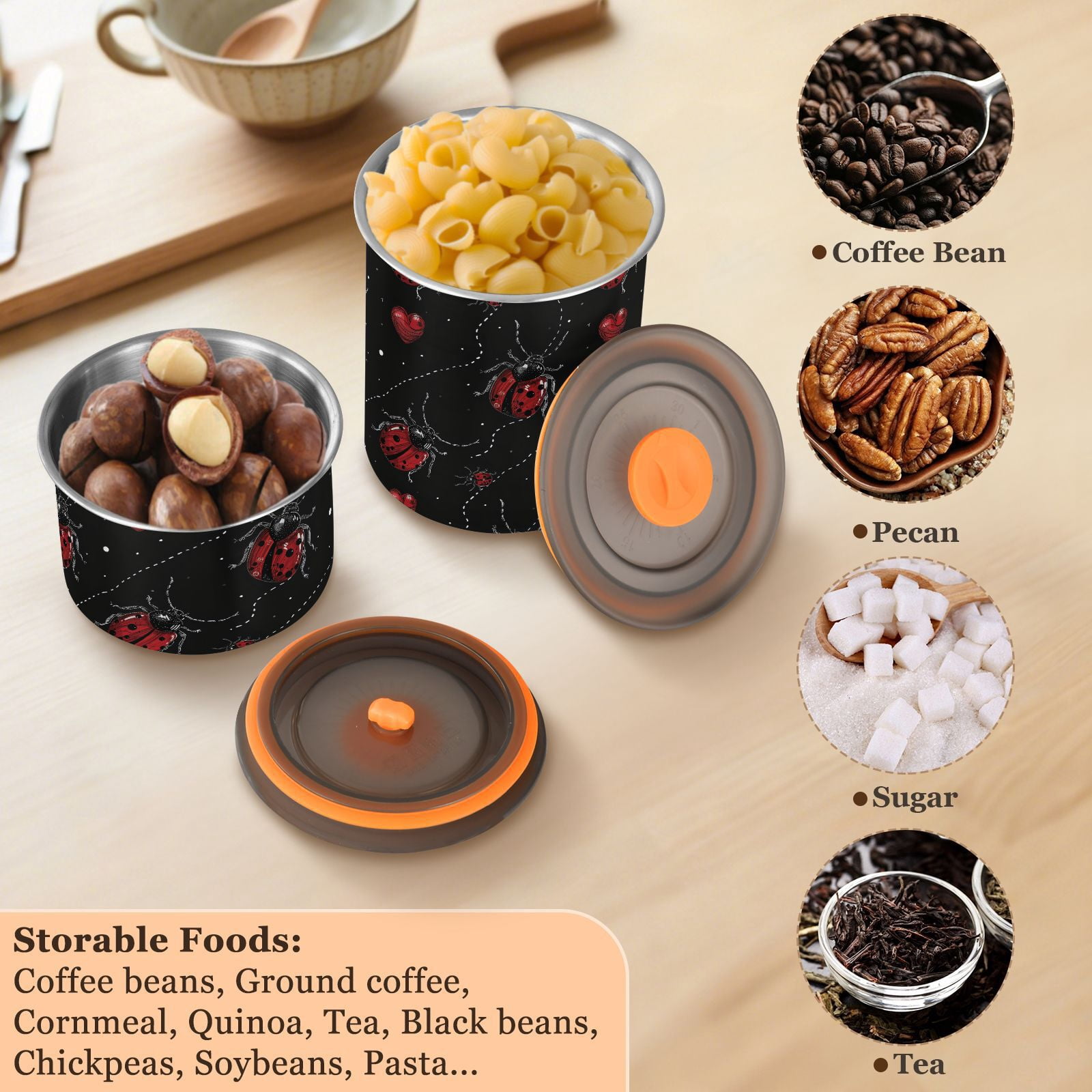 Lady Bug Heart Airtight Coffee Bean Canister 30oz Food Storage Containers with Lids For Gournd, Tea, Sugar, Flour, Rice, Cereal, Candy Cookie Jar
