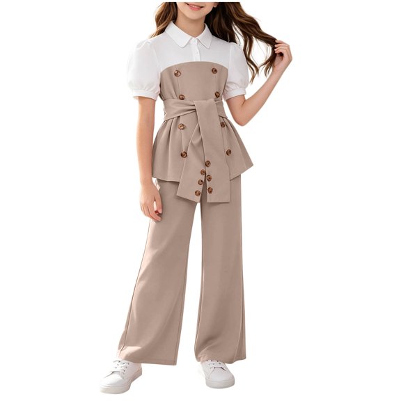 HBGVBA Girls 2 Piece Outfit Short Sleeve Colorblock Top with Wide Leg Pants Casual Set for 4-13 Years