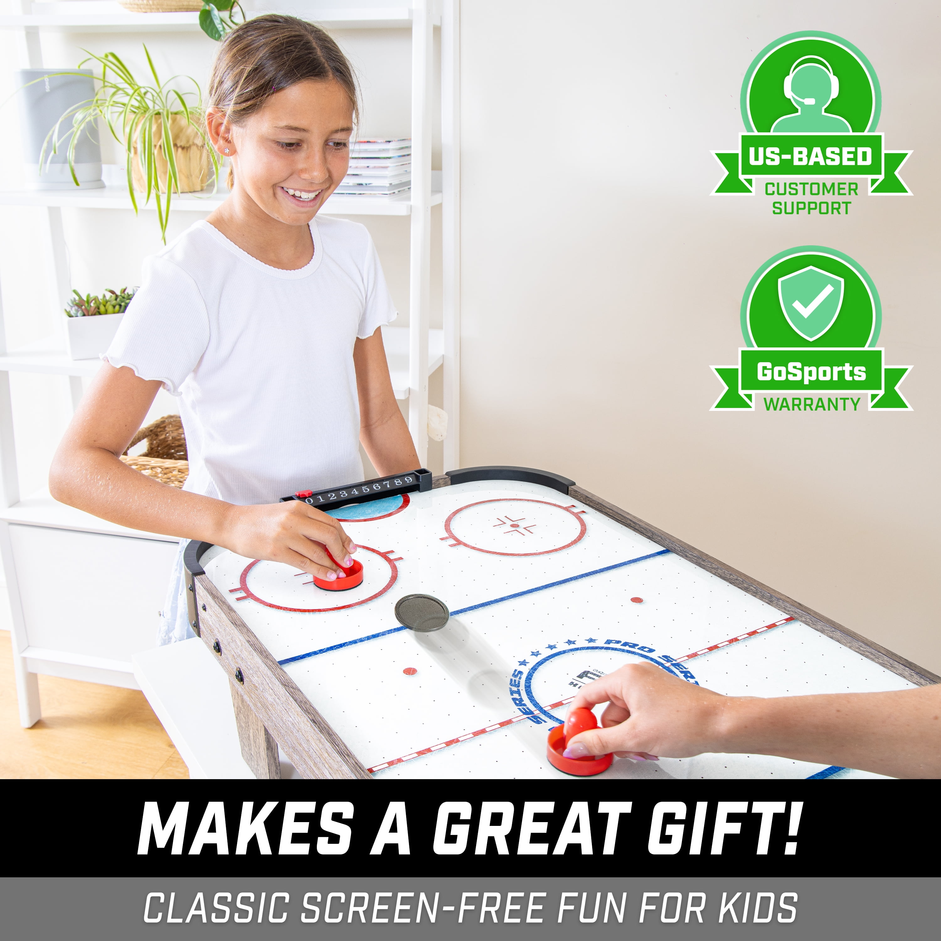 GoSports 40 Inch Table Top Air Hockey Game for Kids-AC Powered Motor - Oak