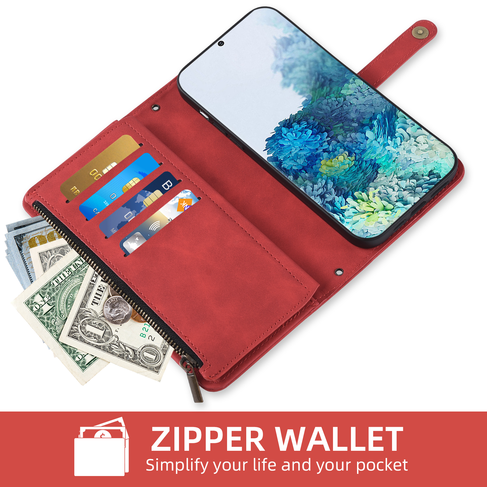 Asuwish Phone Case for Samsung Galaxy S20 5G 6.2 inch Wallet Cover With Tempered Glass Screen Protector Crossbody Wrist Strap Flip Pattern Zipper Credit Card Holder Cell S 20 20S UW S2O G5 Women Red