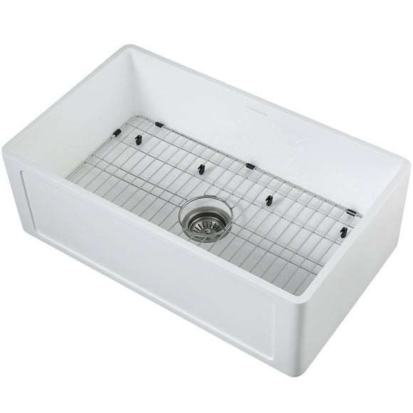Ancona Holbrook Évier de Cuisine en Pierre Pure Style Ferme à Bol Unique avec Grille et Passoire, Blanc