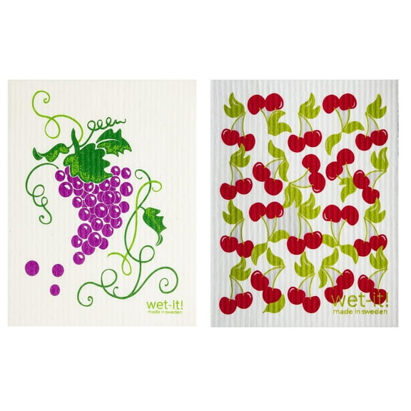 Wet-It! Swedish Treasures Dishcloth & Cleaning Cloth - Set of 2 - Grapes & Cherries - (Paper Towel Replacement)