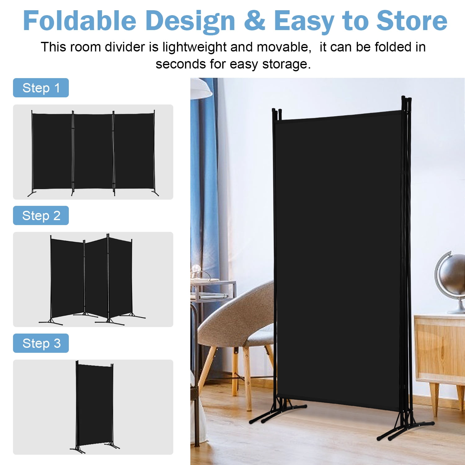 NiamVelo 3 Panel Room Divider Folding Partition Privacy Screens 5.9FT Portable Room Partition with Metal Frame Walls Dividers for Home Office Hospital 102" W x 70" H, Black
