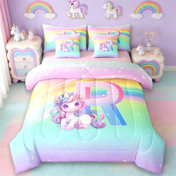 Erosebridal Cute Rainbow Unicorn 7-Piece Twin Bedding Sets,Watercolor Alphabet R Girls Personalized Gifts Bedding Comforter Set For Kids,Reversible Pink