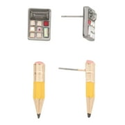 Betsey Johnson School-Themed Mismatched Stud Earrings Set, 3 Pairs, Heart, Pencil, and Calculator Design