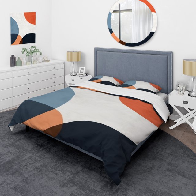 Designart "Minimal Boho Pattern in Blue and Orange II" Abstract Minimalism Bedding Covert Set - Abstract Blue Modern Bed Set With 2 Shams