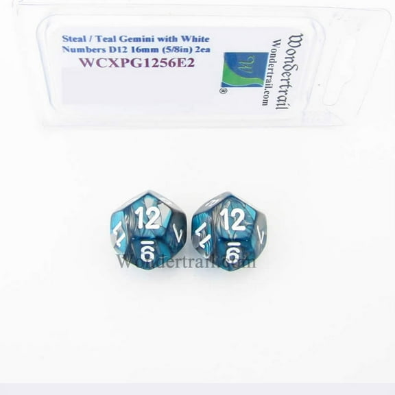 Steel and Teal Gemini Dice with White Numbers D12 Aprox 16mm (5/8in) Pack of 2 Wondertrail