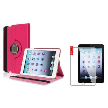 iPad Mini 3/2/1 Case, iPad Mini Case by Insten Hot Pink 360 Rotating Leather Case Stand Cover+2pcs Protector for iPad Mini 1 2 3
