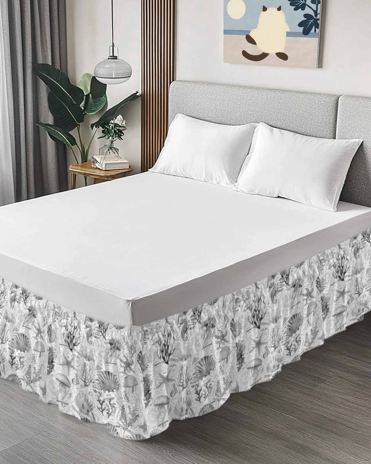 Grey Coastal Wrap Around Bed Skirts for Queen Bed 16" Drop,Bed Skirt with Adjustable Elastic Belt Dust Ruffle Bed Valance for Bedroom Hotel Summer Coral Shell Sea Beach Nautical Bed Frame Cover