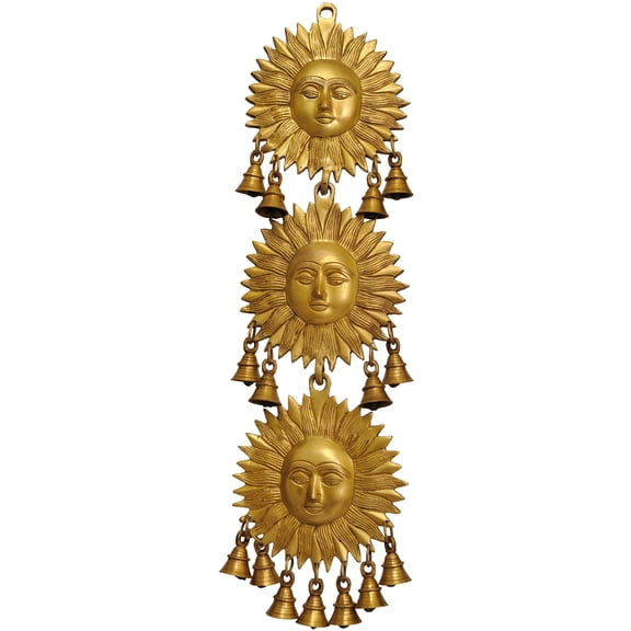 22" Triple Surya Sun Wall Hanging with Bells - Brass Decor