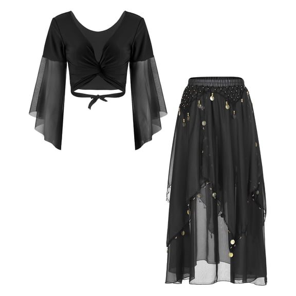 Alvivi Womens Belly Dance Outfits Flare Sleeve Crop Tops with Sequin Irregular Hem Skirts Set Black One Size