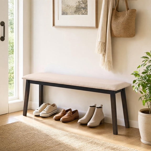 Entryway Bench, 43.5 Inch, Solid Rubber Wood Frame, Sponge Padded Faux Linen Seat, Beige, 2-Person Dining Bed Bench