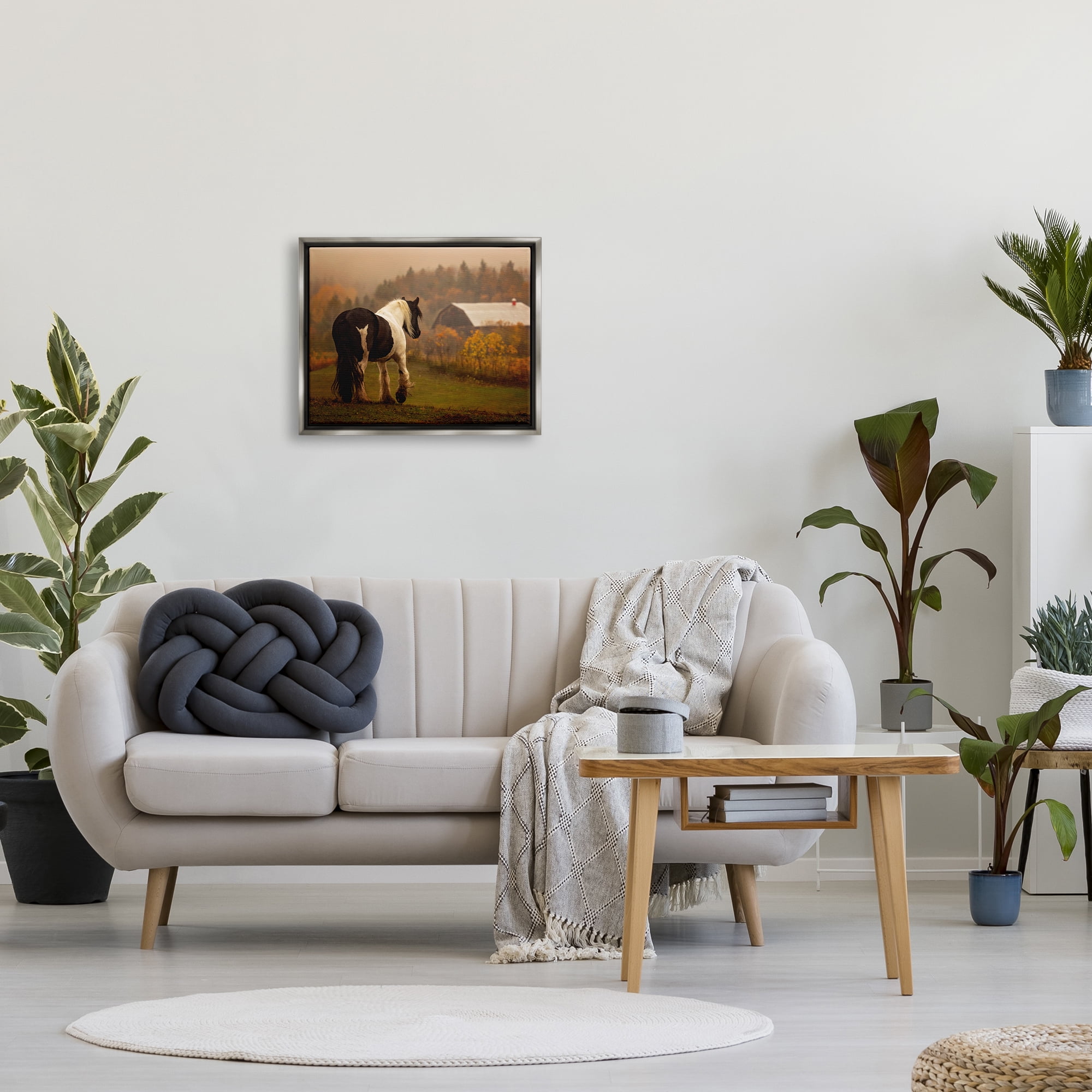 Stupell Industries Horse Overlooking Barn Landscape Photography Gray Floater Framed Canvas Art Print Wall Art, 21 x 17
