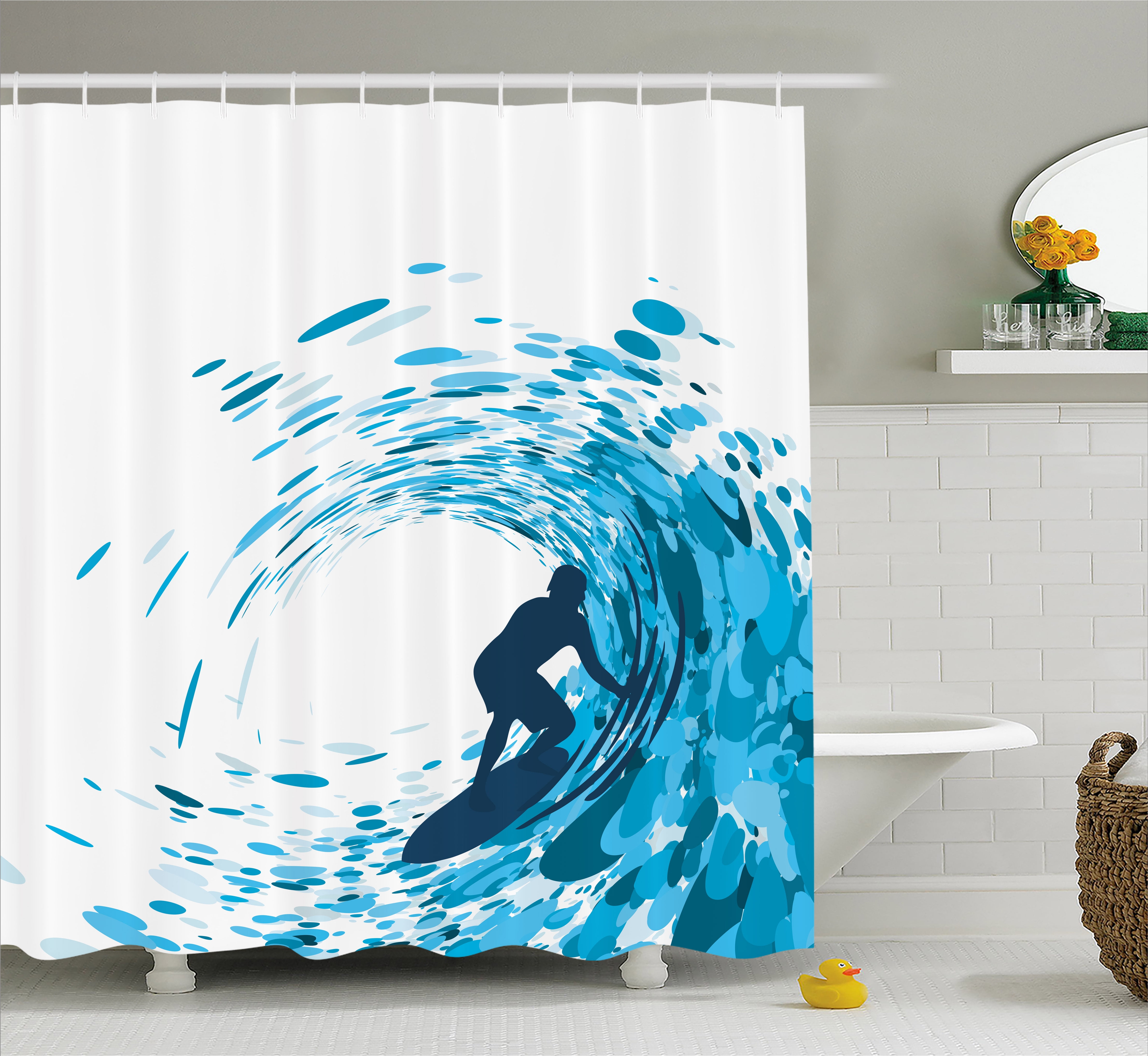 Ride The Wave Shower Curtain, Silhouette of a Surfer under Giant Ocean ...