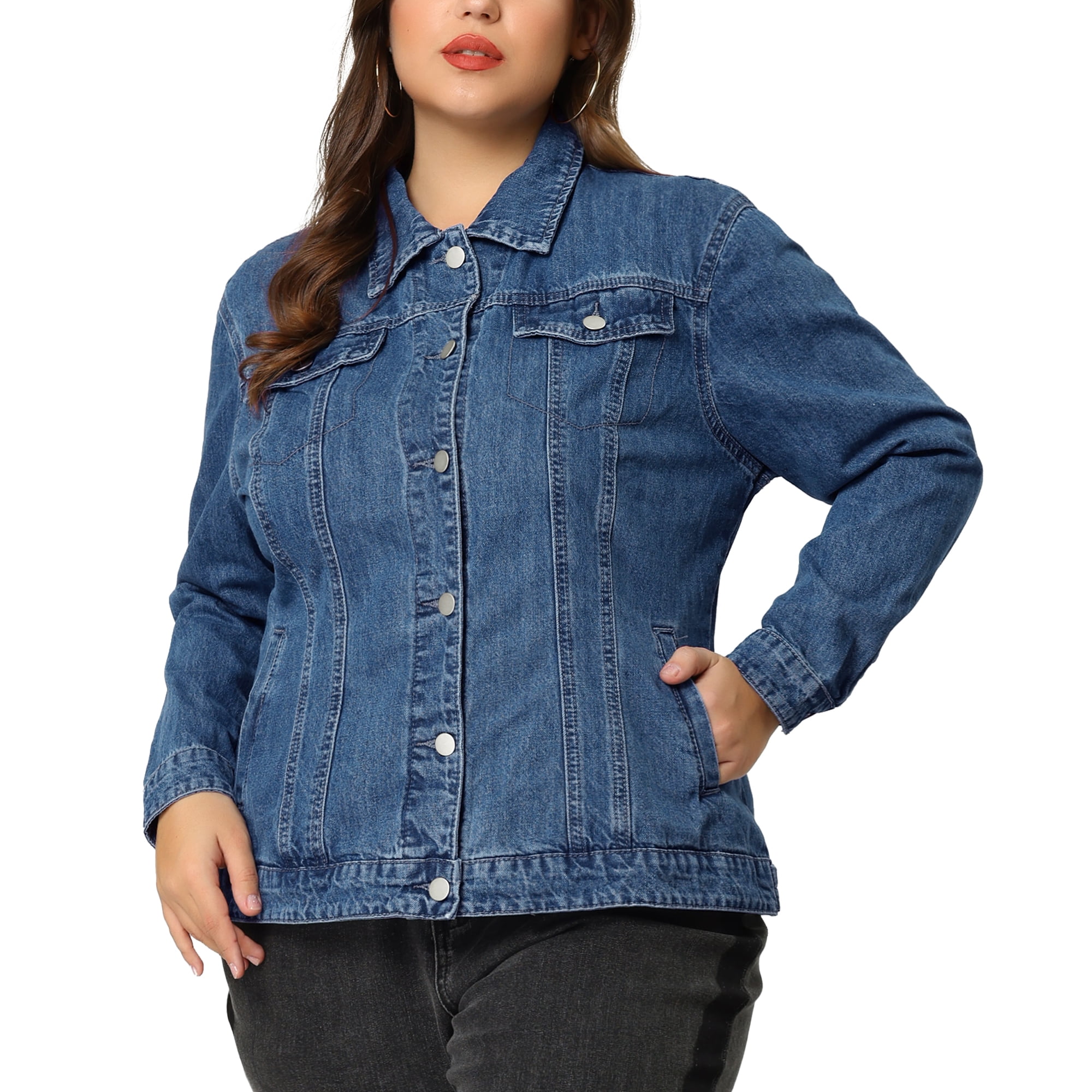 DARING DIVA Women's Plus Size Long Sleeve Button Front Washed Denim Jacket 6X Denim Blue