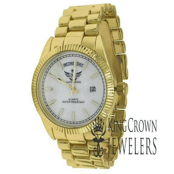 Mens Solid Stainless Steel Back White Dial 45mm Yellow Gold Tone Metal Band Wrist Watch
