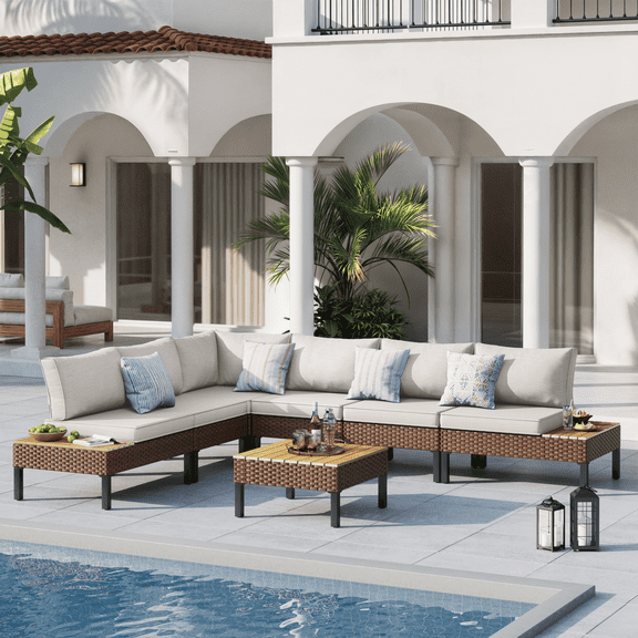 ELPOSUN Patio L Shaped Conversation Sectional Sofa Set with Coffee Table, 7 Pieces Patio Furniture Seating Group with Side Table for Backyard Garden, Beige Grey