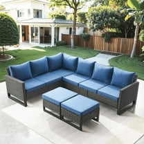 PARKWELL 5 Pieces Outdoor Sectional Sofa All Weather Wicker Rattan Sofa Set with Cushion and Ottoman Patio Conversation Furniture Set in Navy