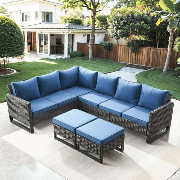PARKWELL 5 Pieces Outdoor Sectional Sofa All Weather Wicker Rattan Sofa Set with Cushion and Ottoman Patio Conversation Furniture Set in Navy