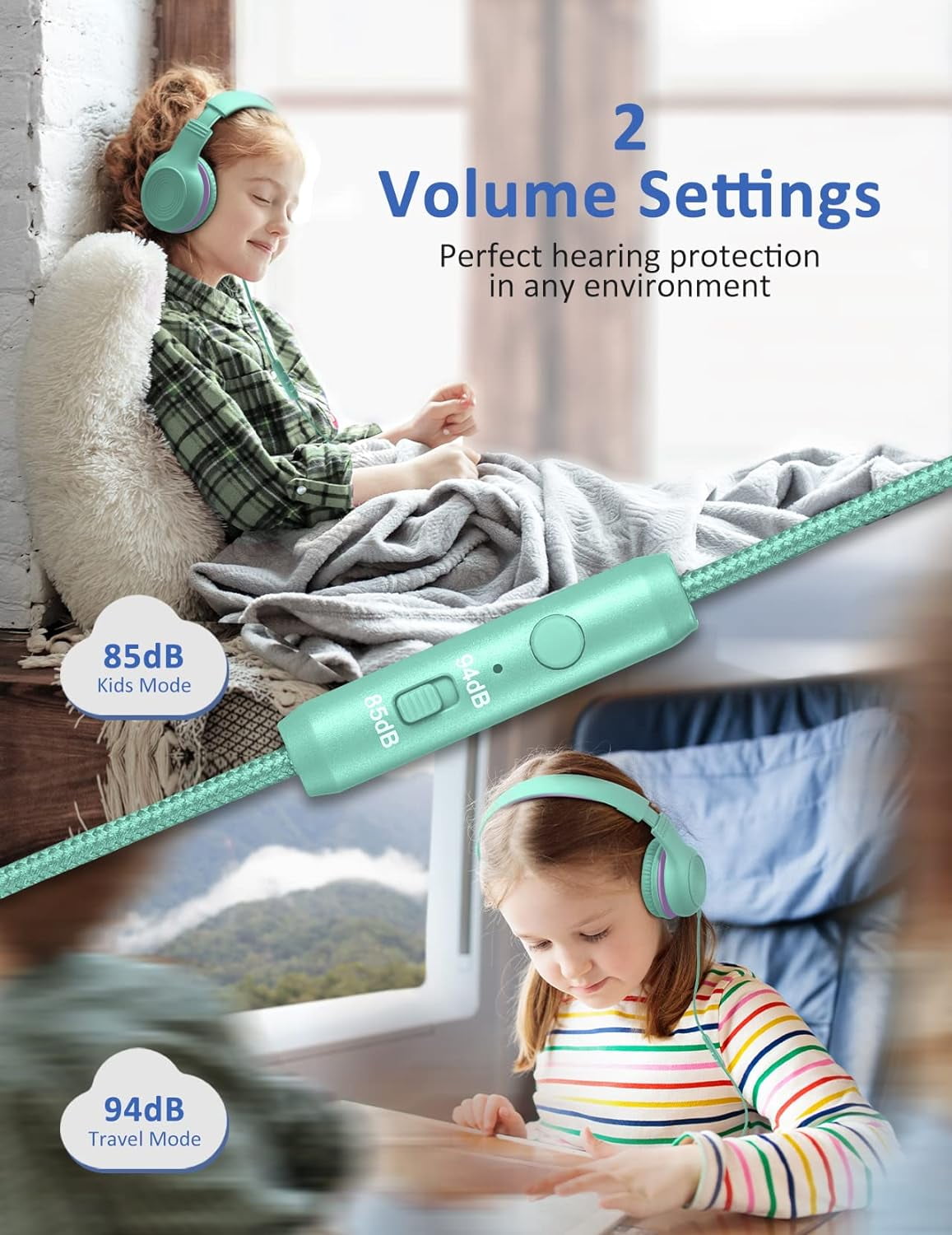 Mpow BH297B Kids Headphones with Microphone, 85/94dB Volume Limit, Green