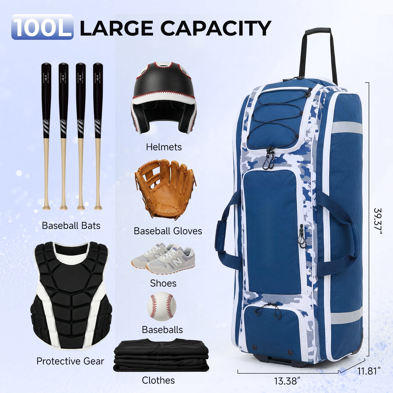 Fegat Rolling Baseball Bag, 100L Large Catcher Gear Bag Softball Bags with Wheels, Youth Equipment Bag Holds 8 Bats, Full Set, with Fence Hooks, Reflective Strip, Shoe Compartment