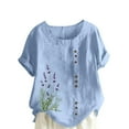 thumbnail image 2 of Womens Plus Size Cotton Linen Button Shirts Dressy Casual Short Sleeve Round Neck Tops Summer Trendy Floral Print Relax Fit Blouse, 2 of 5
