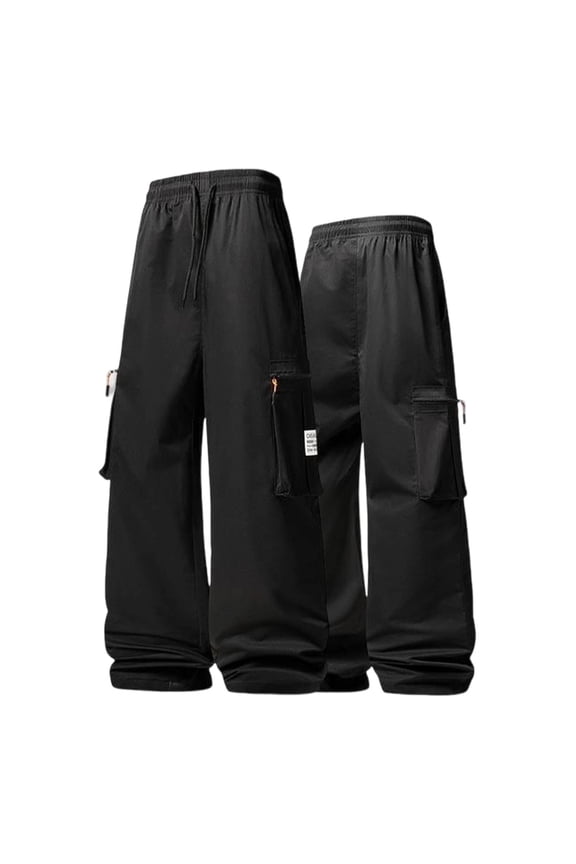 Men's Solid Techwear Cargo Pants, Elastic Drawstring Waist, Wide Leg, Outdoor Streetwear Utility Trousers Black XL
