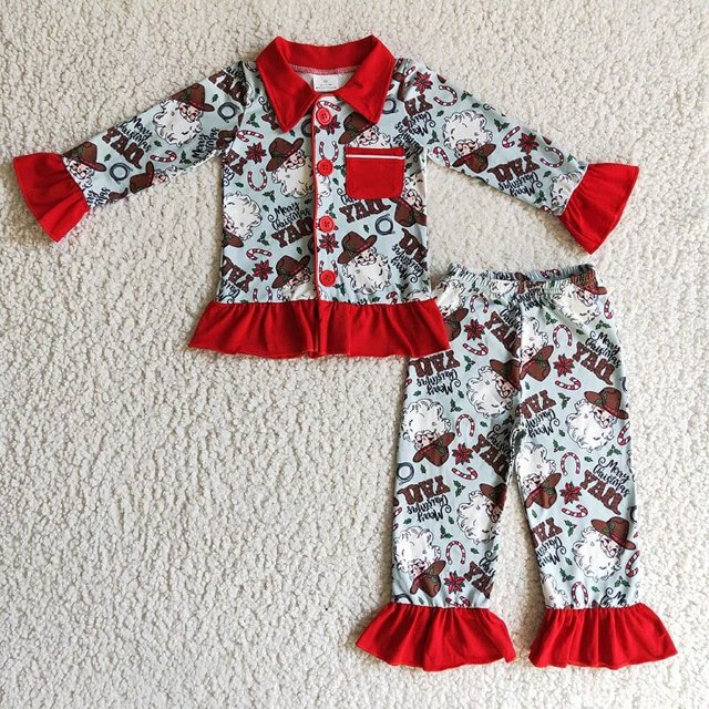Venta al por mayor Boutique bebé niña Navidad niños Boutique traje pijamas ropa de dormir ropa cárdigan azul camisa Santa pantalones conjunto infantil