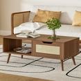 thumbnail image 2 of DIYART Brown Rattan Coffee Table, Mid Century Modern with Drawer & Shelf, 39'' Wooden Boho Coffee Table for Living Room, 2 of 7