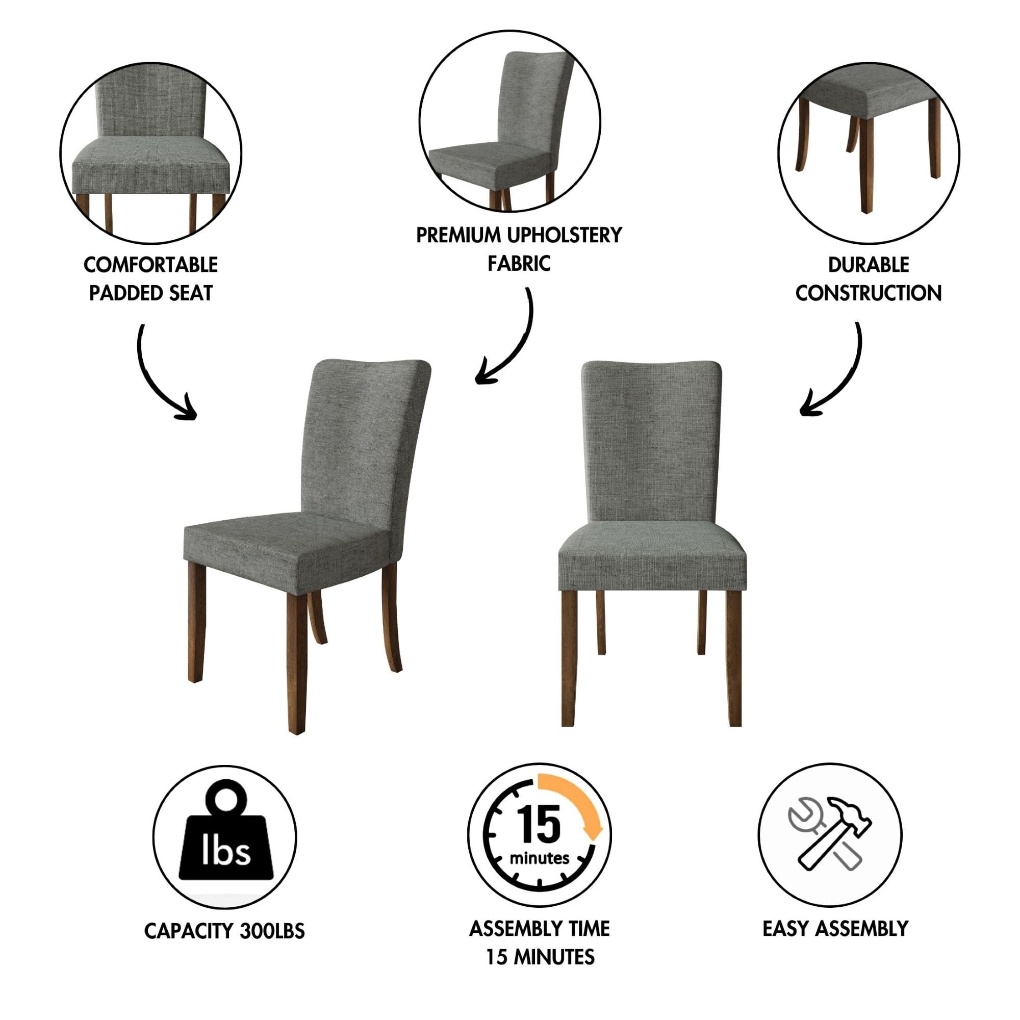 Home Design Lubec Dining Chair (Set of 2), Gray, Roll-back design, Button-tufted back, Padded seat, Comfortable seating, Sturdy frame, Modern style, Durable construction
