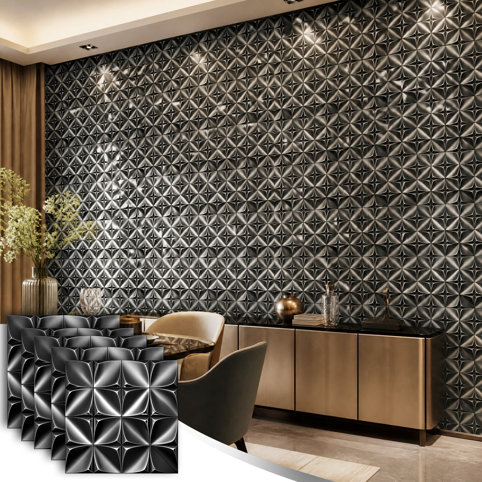 Easy4Home 5Pcs 12"x12" Metal Wall Panels Morden Mosaic Tiles for Interior Wall Decor, Black
