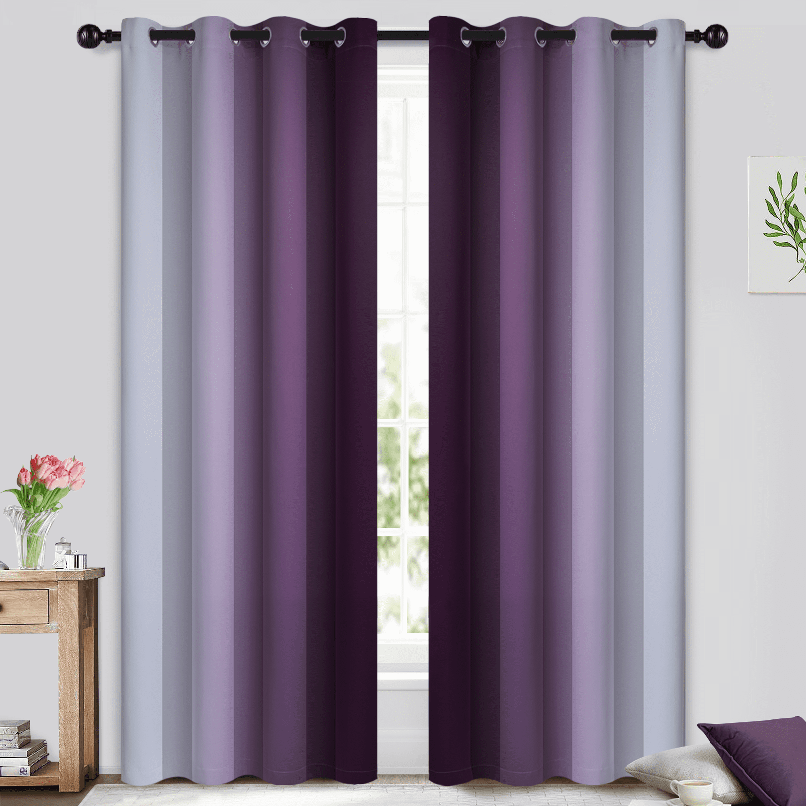 Yakamok Purple Curtain for Bedroom/Living Room Blackout,Ombre Curtains Grommet Light Blocking Room Darkening Window Drapes 2 Panels,52x84 inches