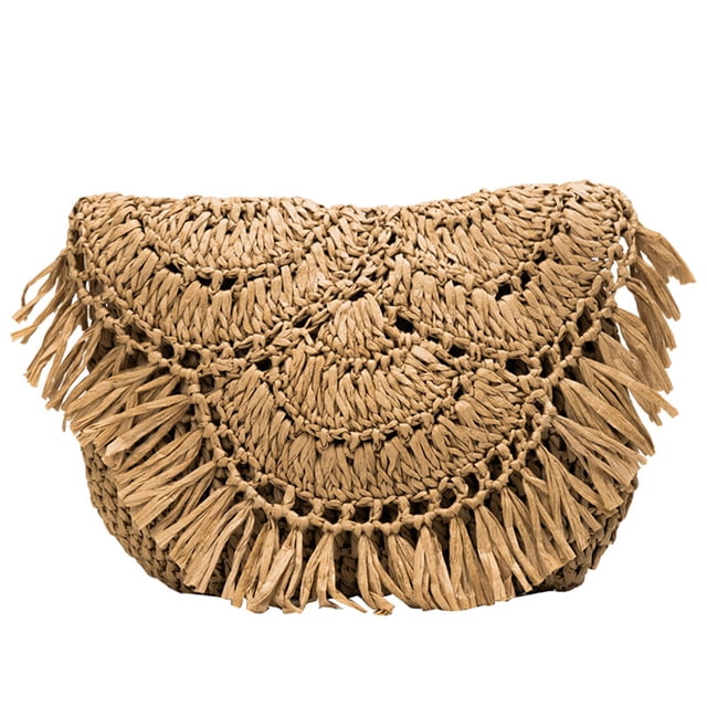 Ocio Mujer Vacaciones en la playa Bolsos de hombro de tejido de paja Bolsos cruzados simples Borlas elegantes Monedero con solapa delgada