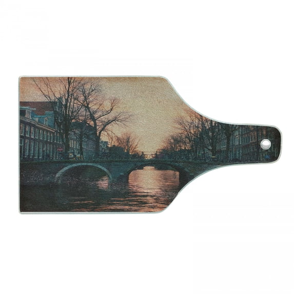 Landscape Cutting Board, Evening in Amsterdam Netherlands Scandinavian Aurora Borealis River Bridge Image, Tempered Glass Cutting and Serving Board, Wine Bottle Shape, Pink Grey, by Ambesonne