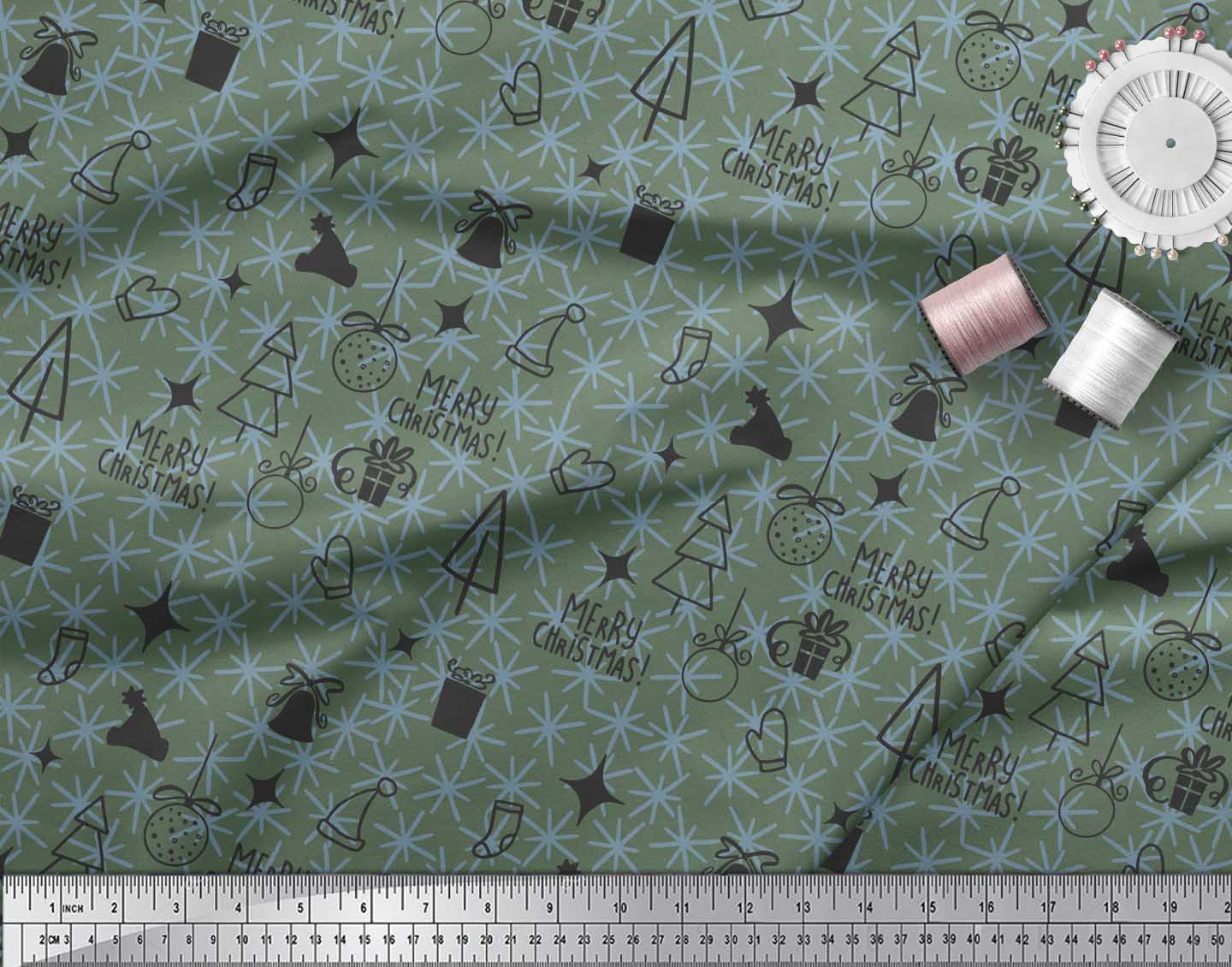 Soimoi Green Cotton Duck Fabric Snowflake,Ornament & Tree Christmas Printed Craft Fabric by the Yard 42 Inch Wide