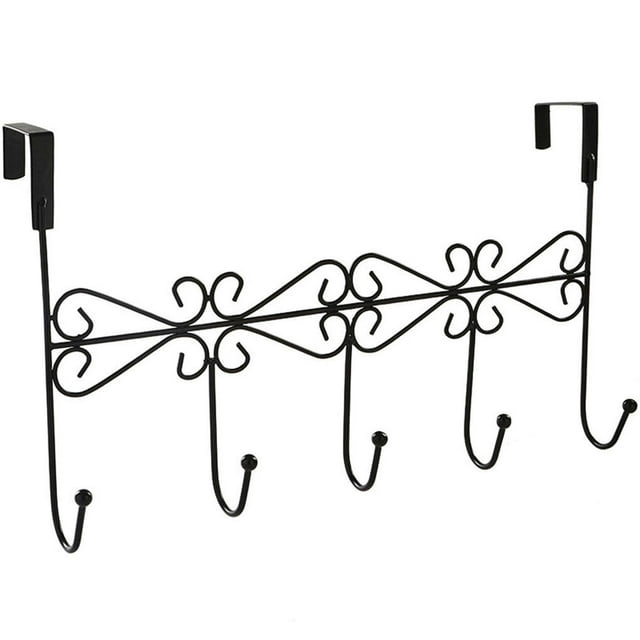 Langgg 2 Pieces Over The Door Hanger Rack with 5 Hooks Decorative Metal Coat Hat Holder for Home Office - Black